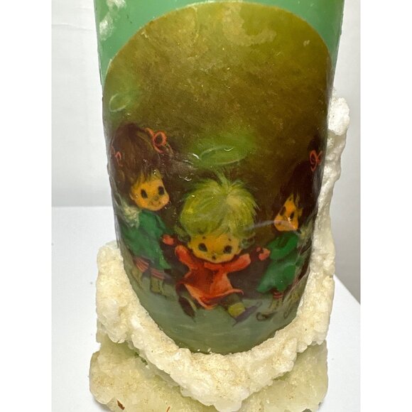 Christmas Pilar Candles Green Angels Pixie Puffy Snow Design Set of 2 Retro 6" - Picture 3 of 8